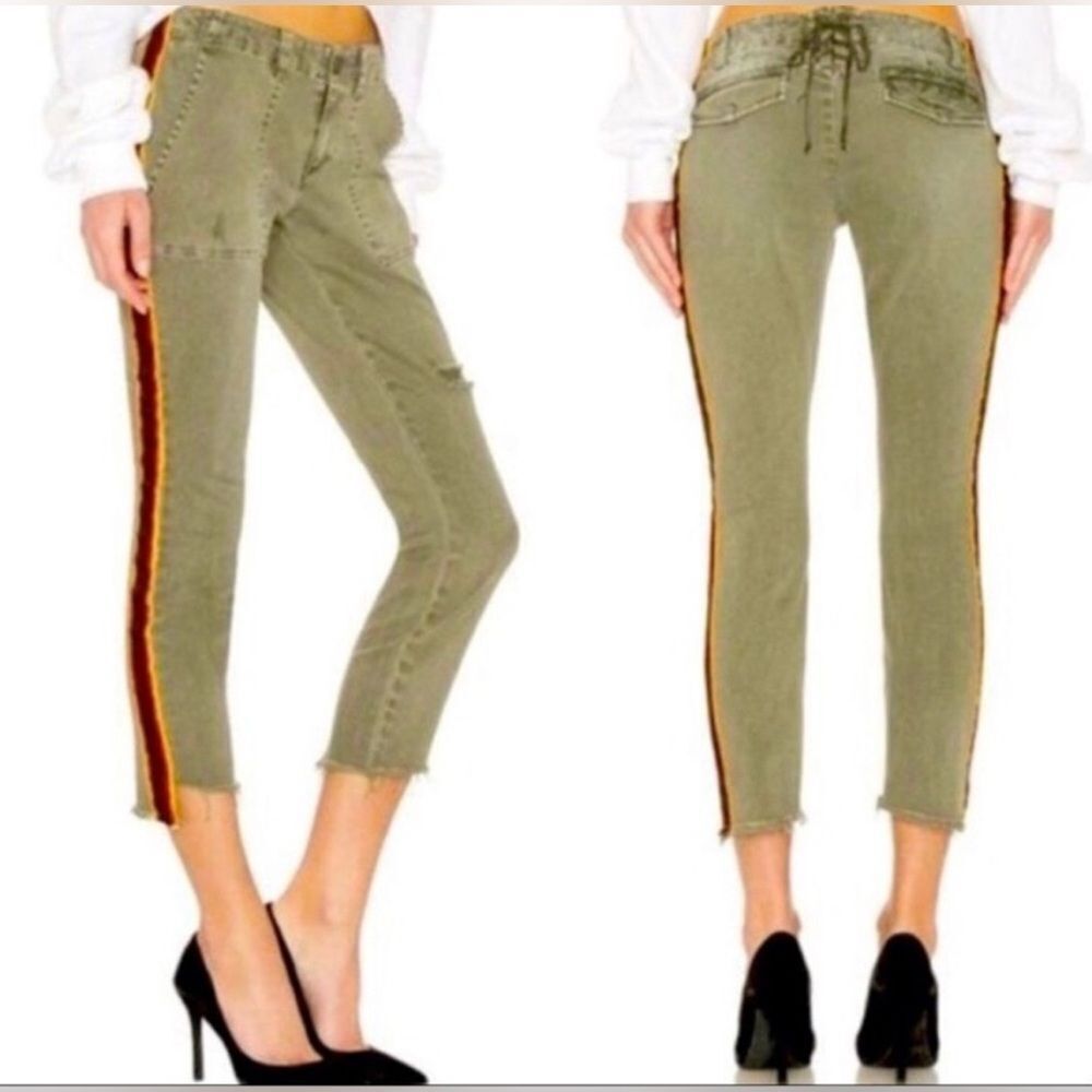 Pam & Gela Green w/ Stripe Raw Hem Twill Pants Distressed 27